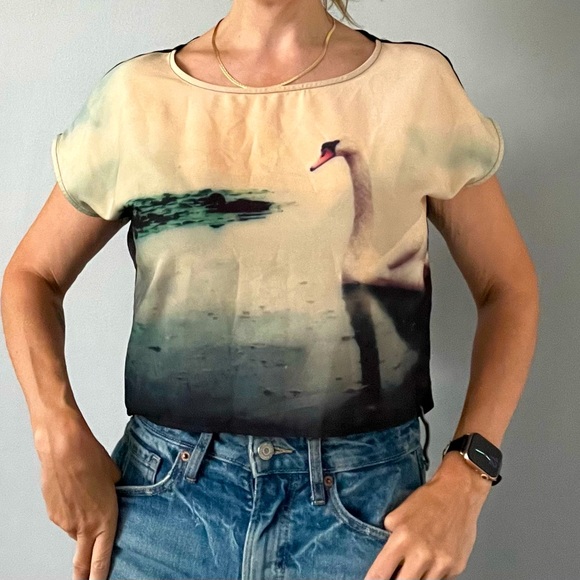 Box cut | cropped | button back | swan print shirt - Picture 1 of 5